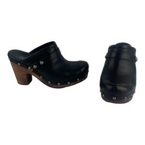 UGG Jolene Black Leather Studded Clogs 4” Heel Sheepskin Lined Forefoot Sz 6